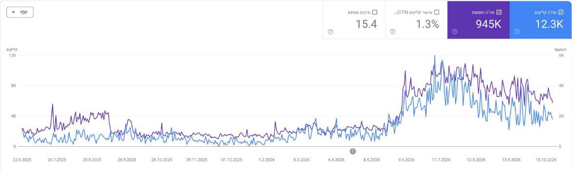 צילום מסך מ-Google Search Console של yrz.co.il, 16 חודשים